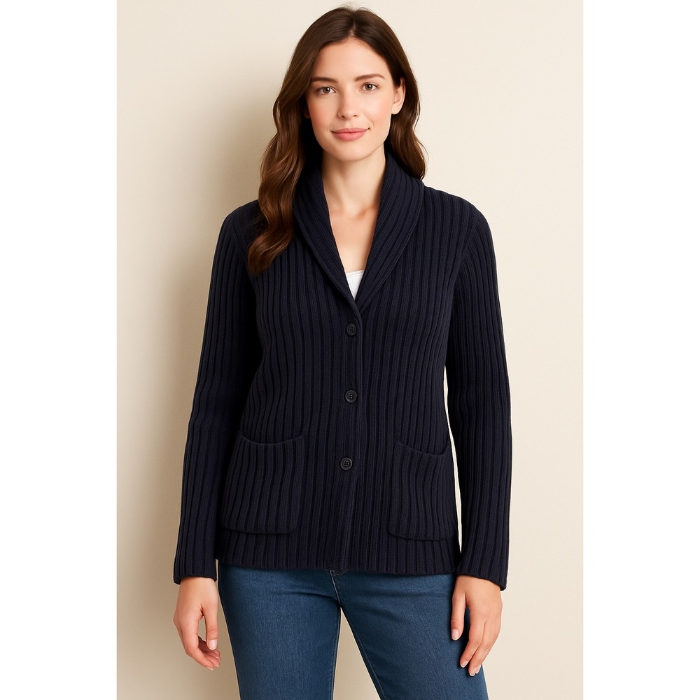 Talbots Ribbed Knit Cardigan Navy Shawl Collar Pocket Sweater Jacket Women